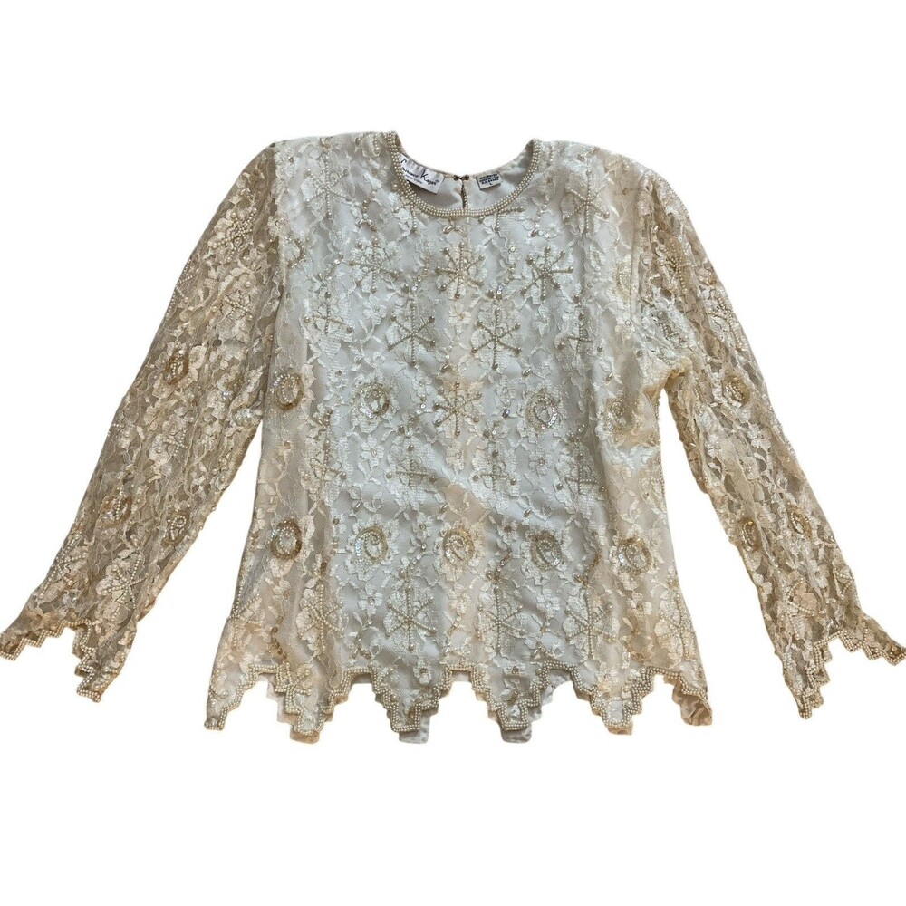 Vtg Laurence Kazar Ivory Blouse Women’s Beaded Lace Sequin Sz L Long‎ Sleeve - Picture 2 of 15